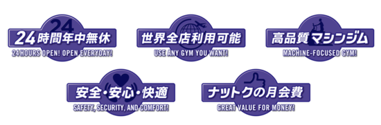 24時間年中無休/世界全店利用可能/高品質マシンジム/安全・安心・快適/ナットクの月会費